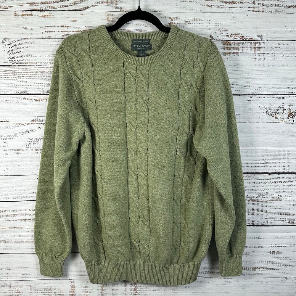 Womens Olive Green Lyle Scott Scotland  Cable Knit Sweater Combed Cotton Size M